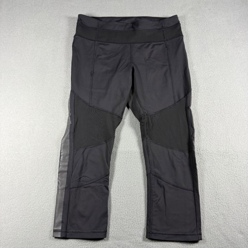 Lululemon Black Mesh Crop Leggings Size 6 Reflective Stripe Zip Pocket Fair